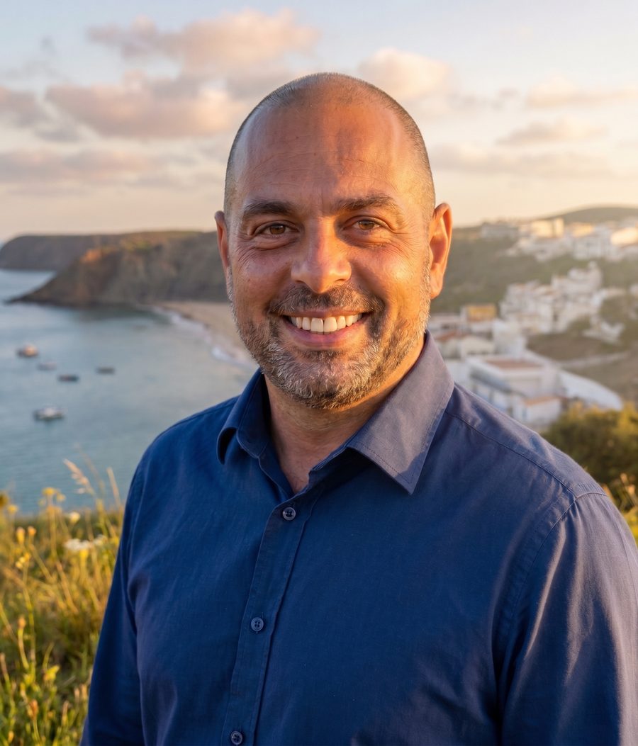 Fábio Rodrigues, founder and guide of Algarfun, on the Vicentine Coast at sunset
